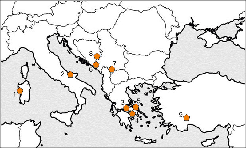 Map of south-eastern Europe showing selected bauxite occurrences as mentioned in the text: Olmedo, Sardinia, Italy (1), San Giovanni Rotondo, Italy (2); Parnassos-Ghiona, Greece (3), Marmara, Greece (4); Evia Island, Greece (5); Štitovo pit, Nikšić, Montenegro (6); Grebnik, Kosovo (7); Vlasenica, Bosnia and Herzegovina (8), Mortaş and Doğankuzu, Turkey (9) © NERC