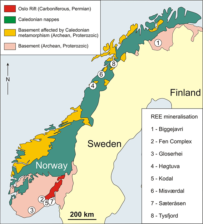 Simplified geological map of Norway showing the main occurrences of REE mineralisation.