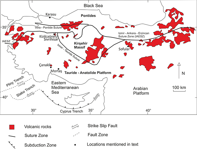 Map of Turkey with the main tectonic subdivisions shown; volcanic rocks are outlined in red. Localities outlined in the text are shown on the map. Adapted from Robertson et al., 2012 and Sarıfakıoğlu et al., 2009.