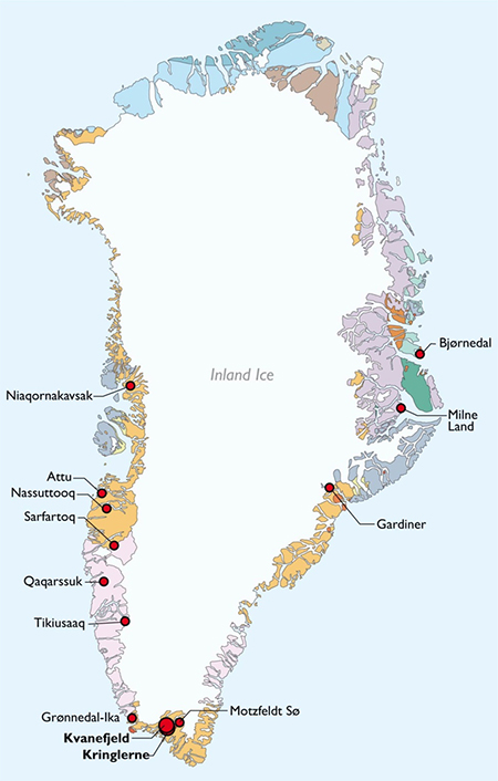 The known REE deposits/occurrences in Greenland (©GEUS)