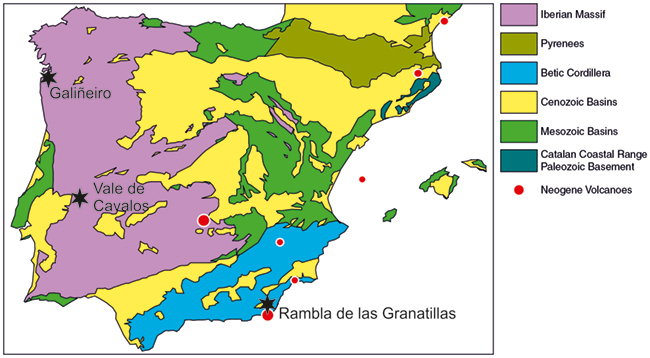 Simplified geological map of the Iberian Peninsula, showing the REE occurrences mentioned in the text